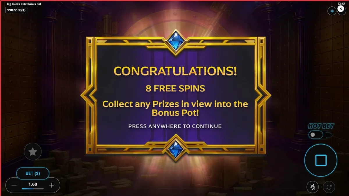 Tampilan visual slot Big Bucks Blitz Bonus Pot dengan latar belakang brankas emas.
